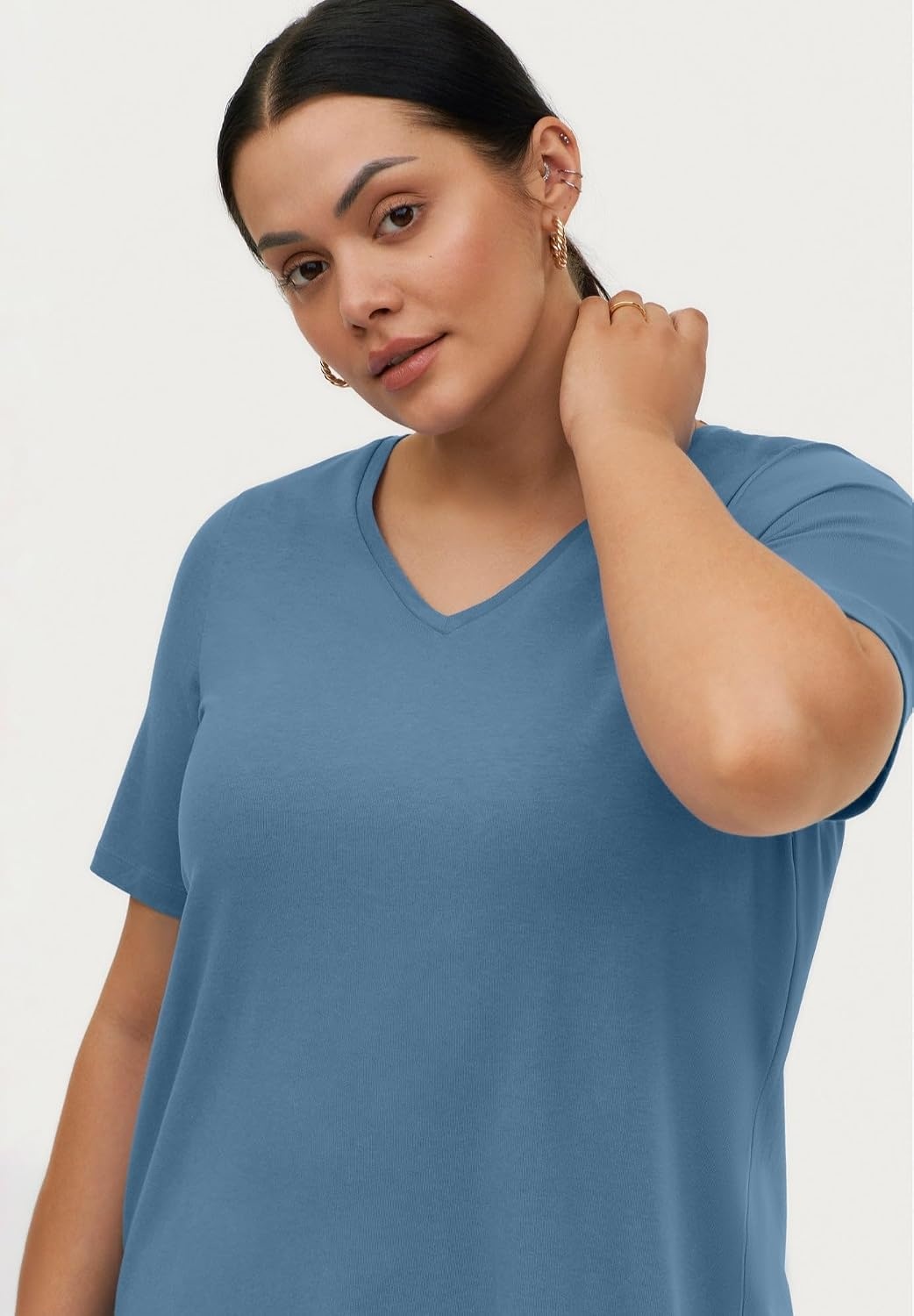 image:imageellos Plus Size Stretch Jersey Knit ALine Relaxed VNeck Short Sleeve TunicBlue Shadow