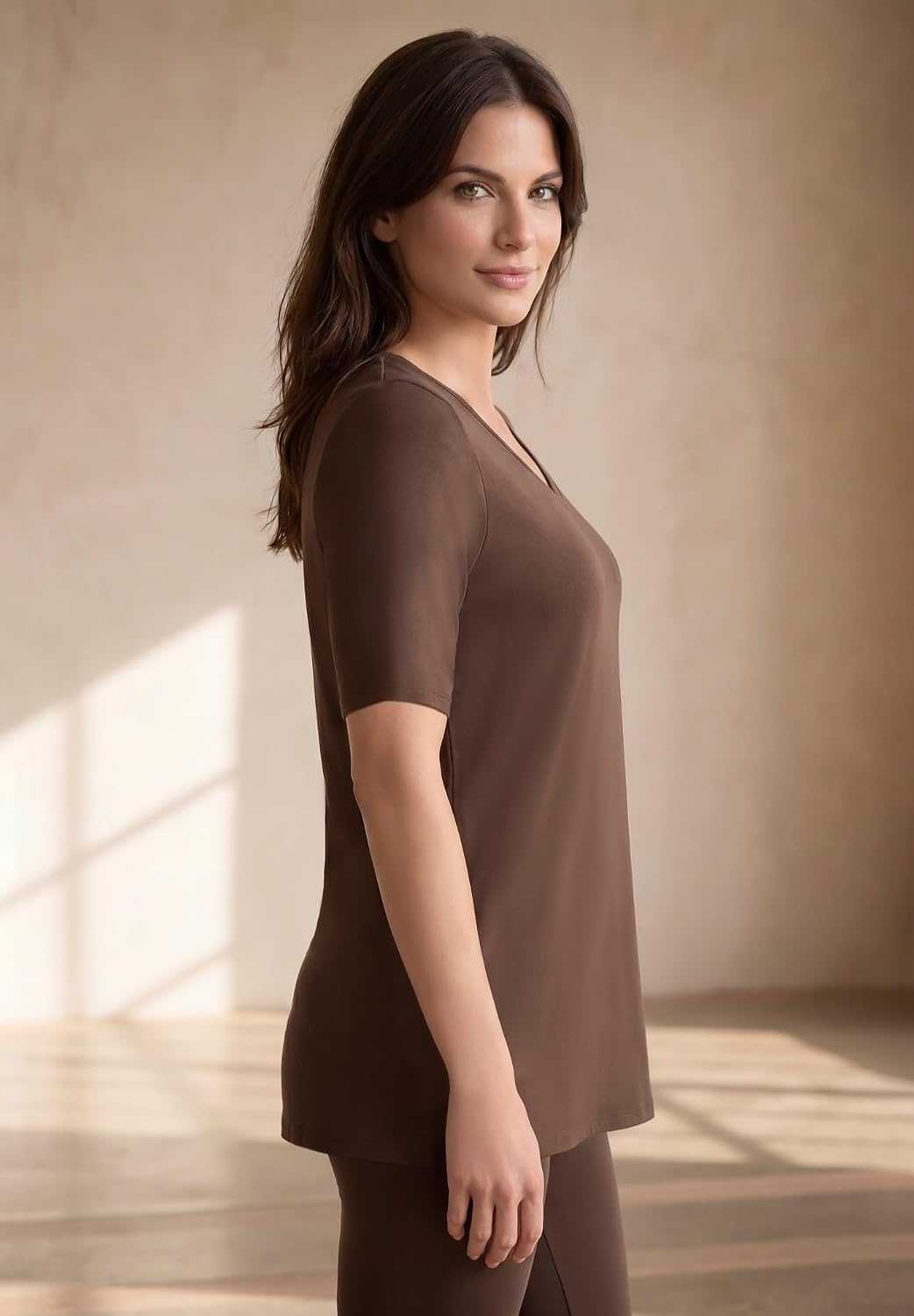 image:imageellos Plus Size Stretch Jersey Knit ALine Relaxed VNeck Short Sleeve TunicChocolate