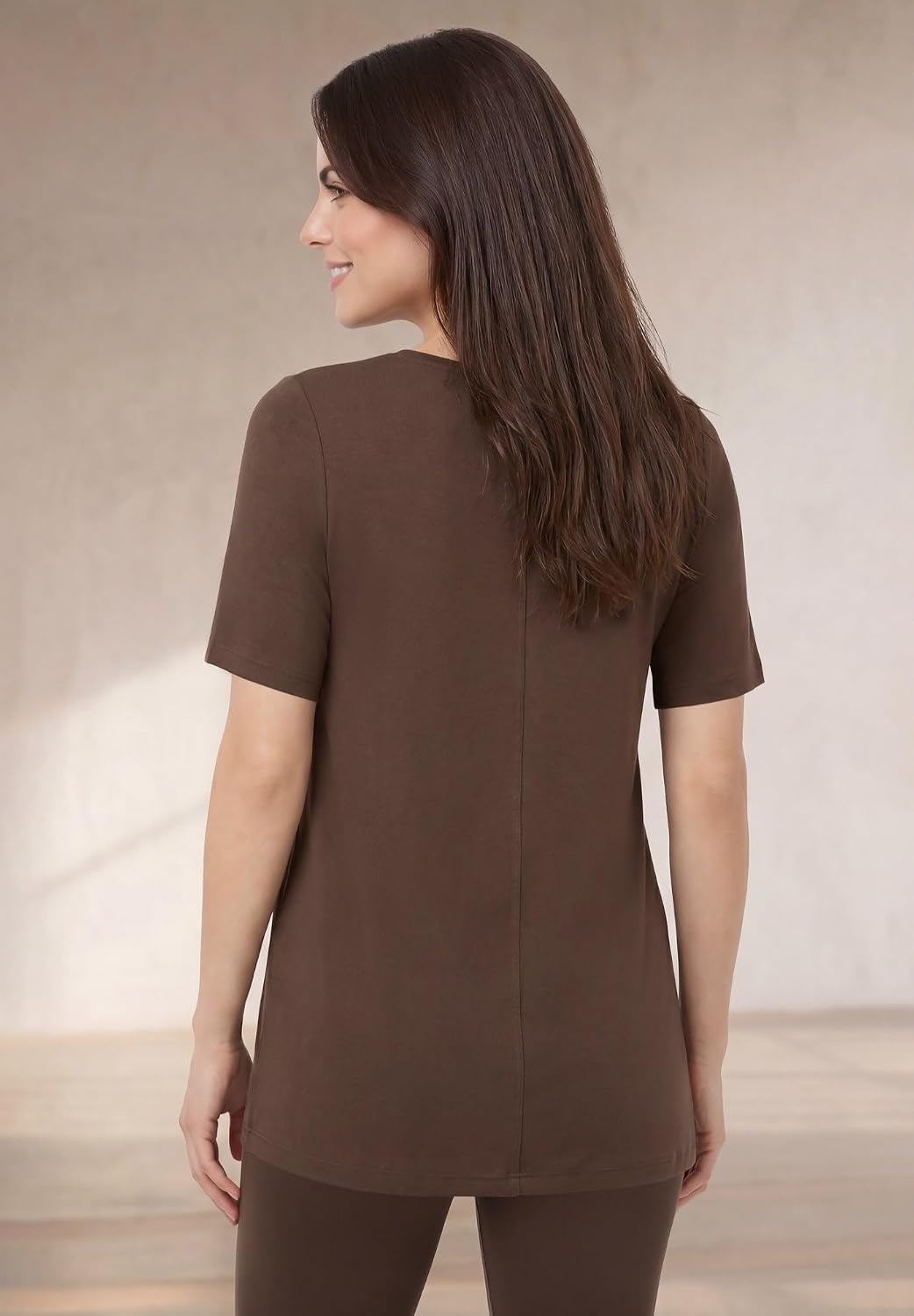 image:imageellos Plus Size Stretch Jersey Knit ALine Relaxed VNeck Short Sleeve TunicChocolate