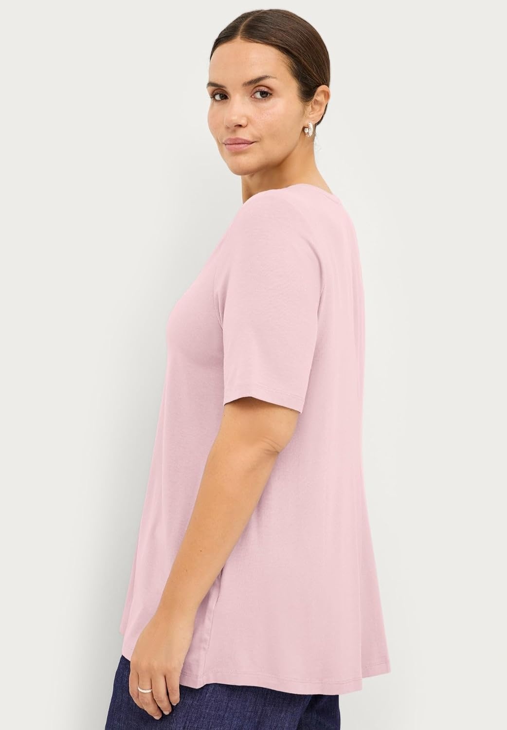 image:imageellos Plus Size Stretch Jersey Knit ALine Relaxed VNeck Short Sleeve TunicPink Sherbert