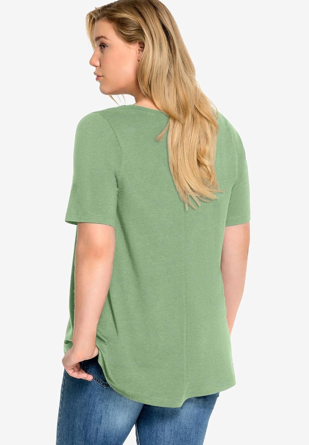 image:imageellos Plus Size Stretch Jersey Knit ALine Relaxed VNeck Short Sleeve TunicSage Mist