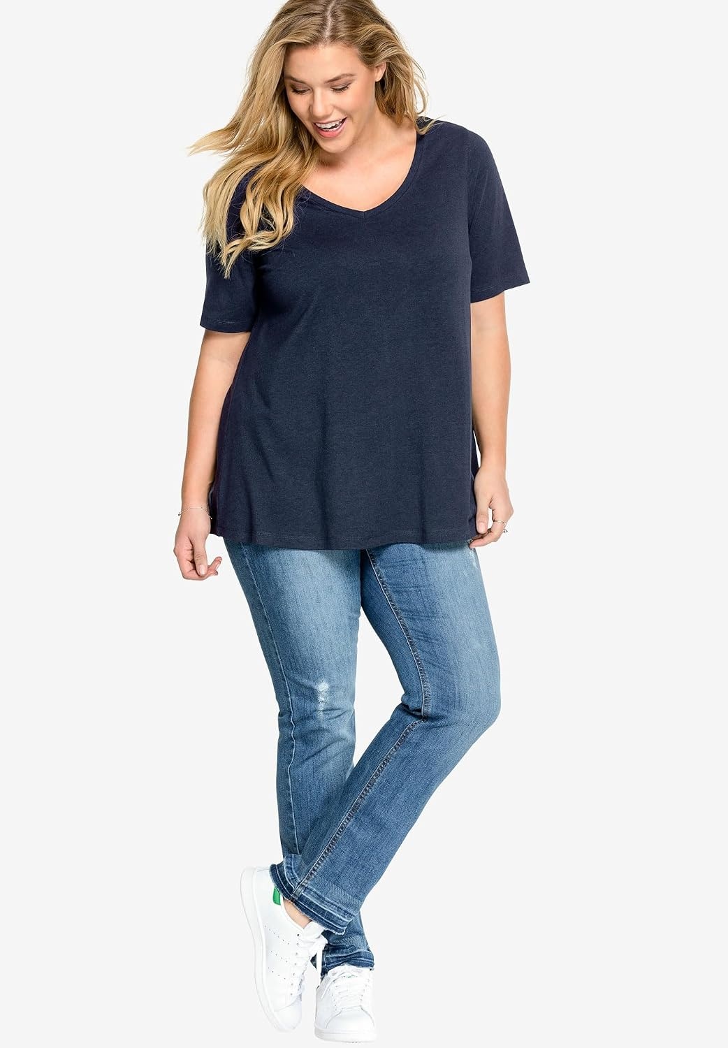image:imageellos Plus Size Stretch Jersey Knit ALine Relaxed VNeck Short Sleeve TunicViolet Haze