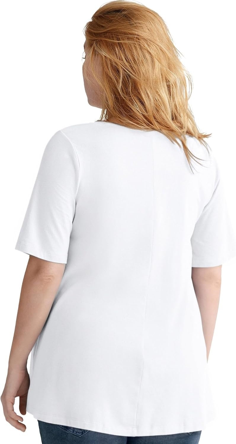image:imageellos Plus Size Stretch Jersey Knit ALine Relaxed VNeck Short Sleeve TunicWhite
