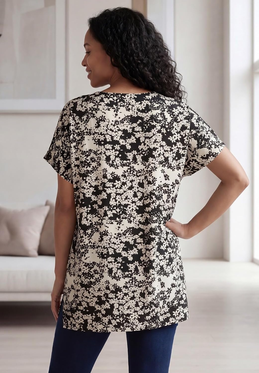 image:imageellos Plus Size Stretch Jersey Knit VNeck Oversized TunicBlack White Patch Floral
