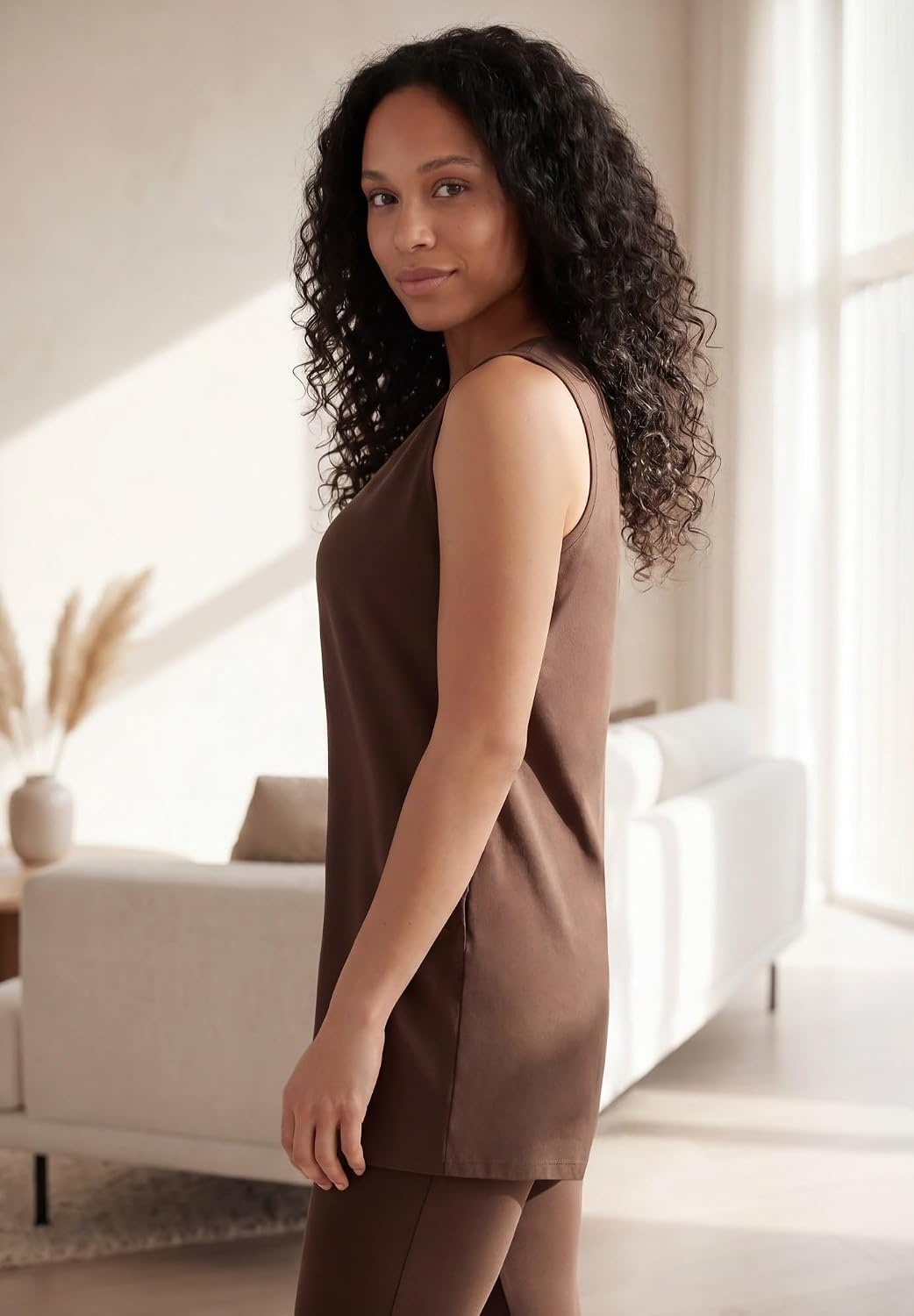 image:imageellos Plus Size Stretch Knit Scoop Neck Sleeveless Long TankChocolate