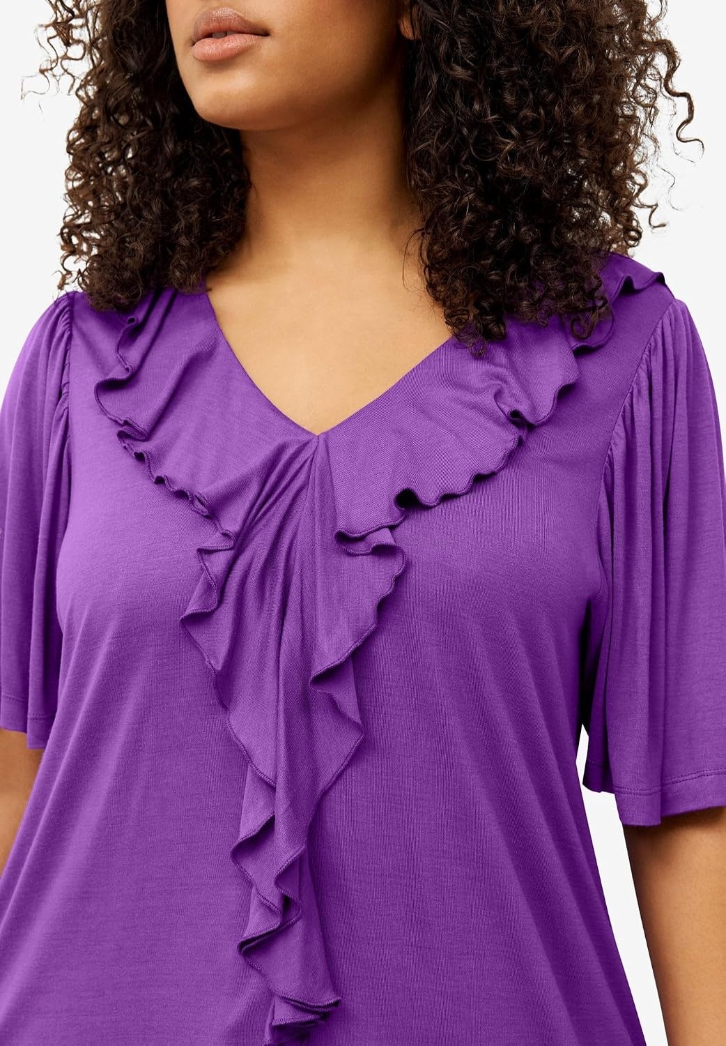 image:imageellos Plus Size Stretch Knit VNeck Ruffle Front TunicCherry Red