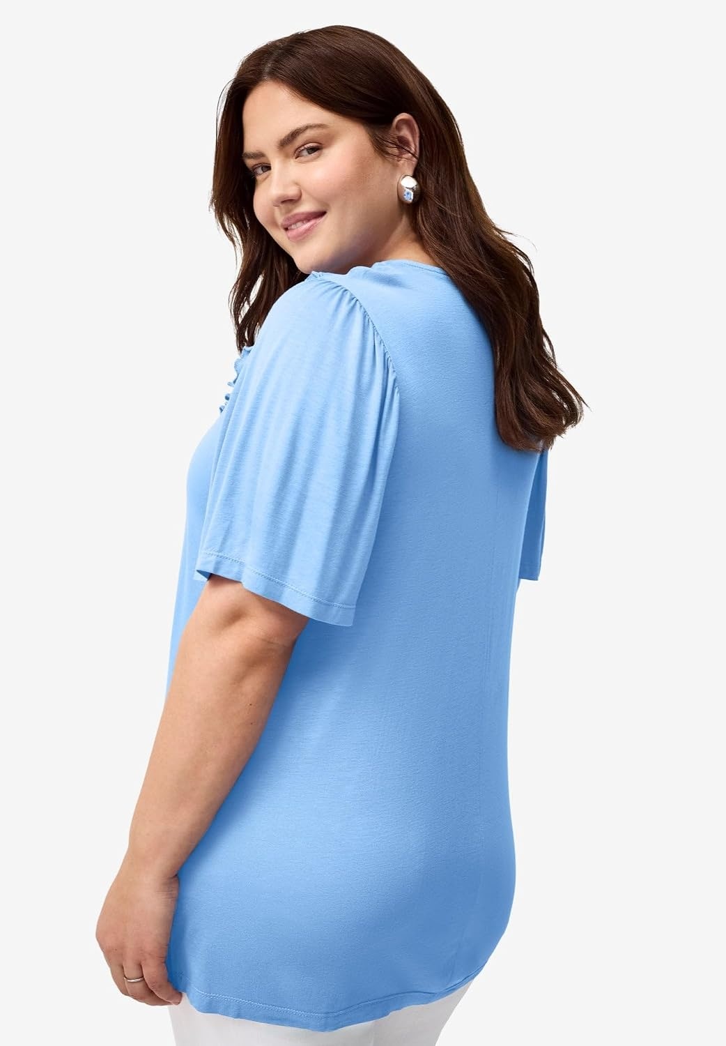 image:imageellos Plus Size Stretch Knit VNeck Ruffle Front TunicDream Blue