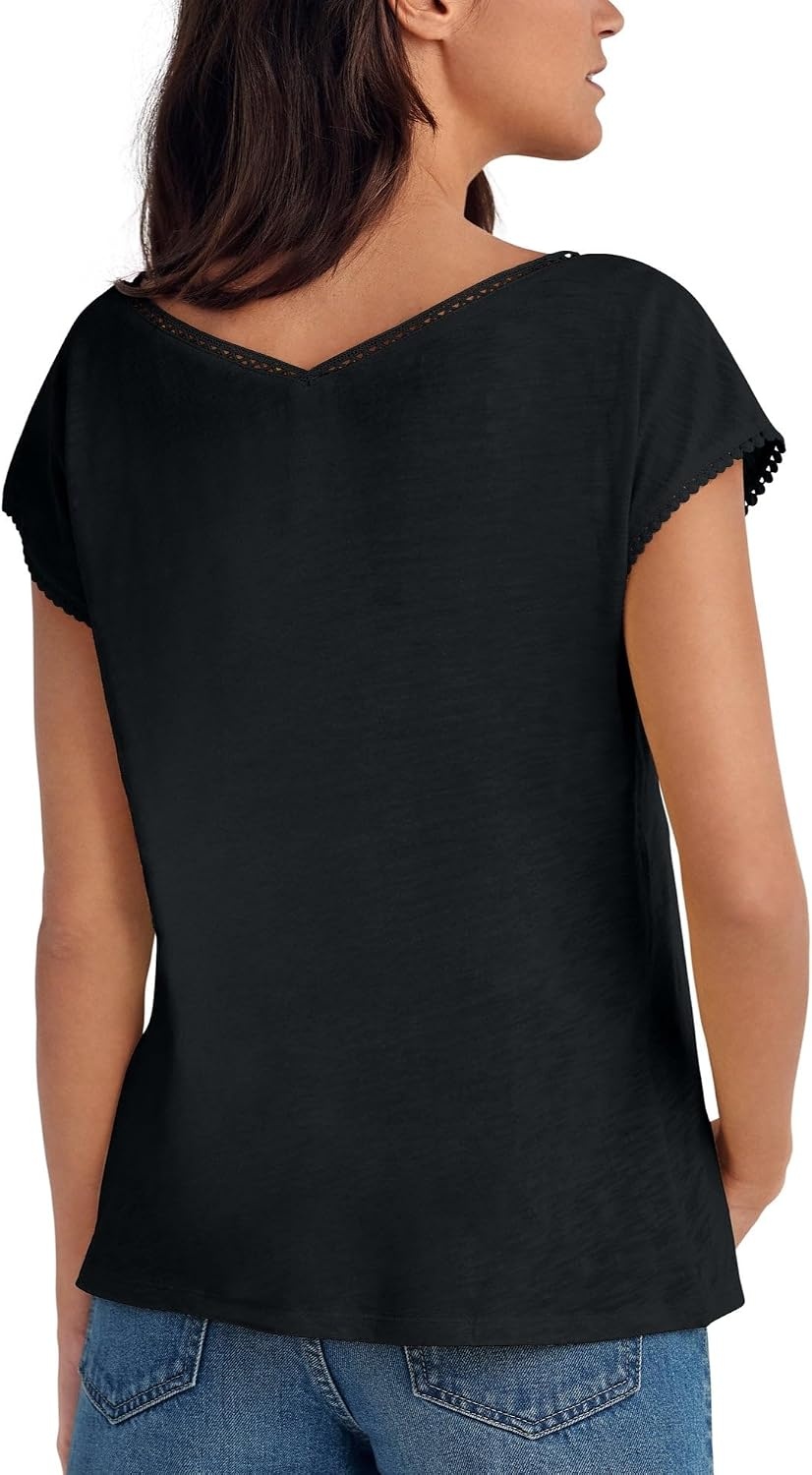 image:imageellos Plus Size VNeck ALine Crochet Trim TeeBlack