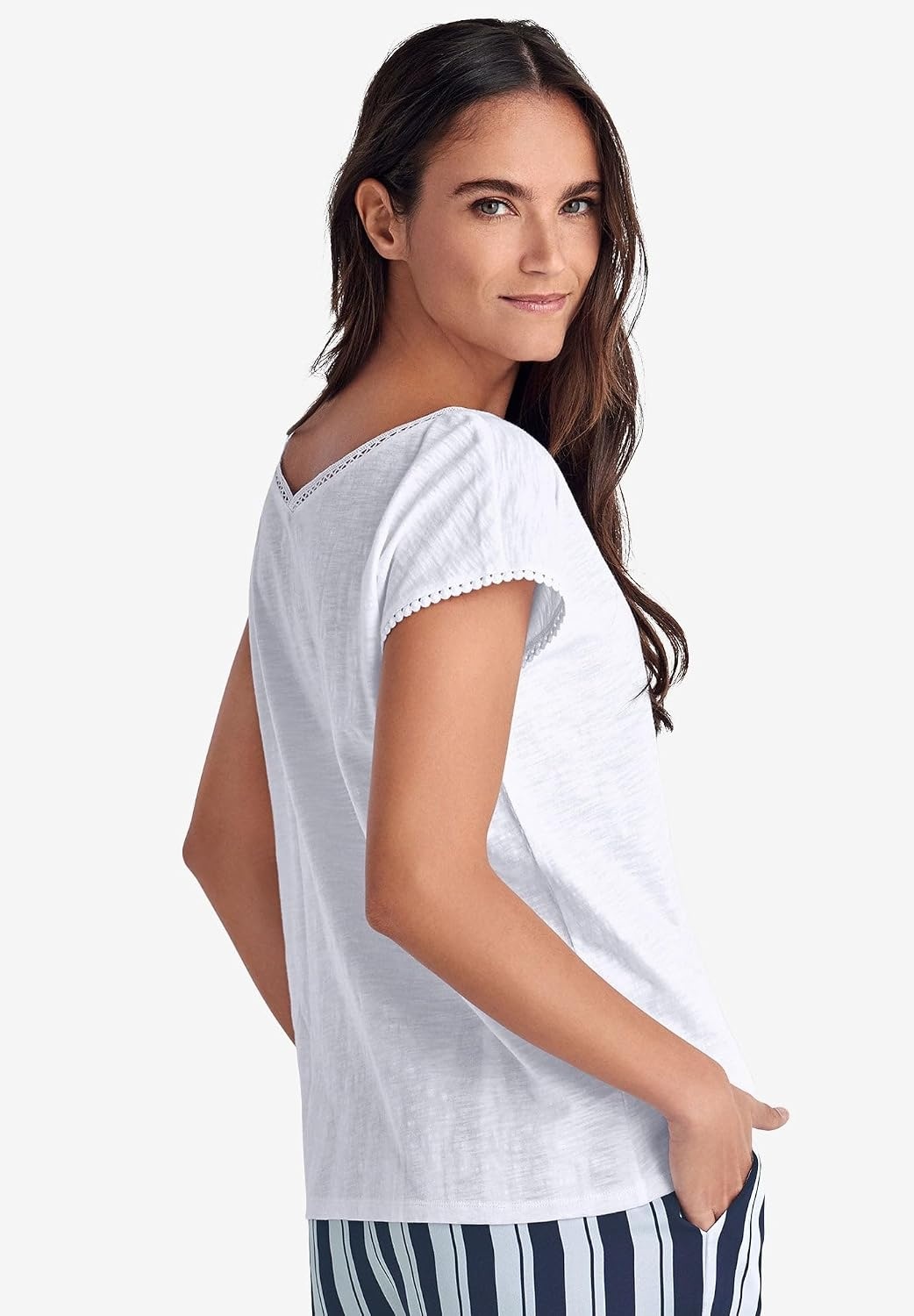 image:imageellos Plus Size VNeck ALine Crochet Trim TeeWhite