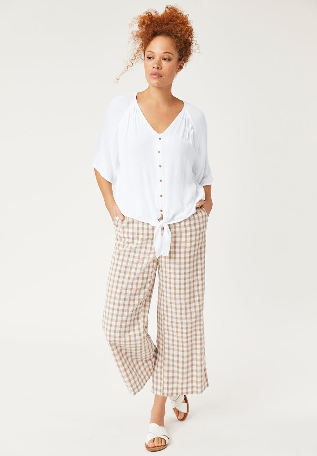 image:imageellos Plus Size VNeck Crinkle TieFront ElbowSleeve BlouseNavy