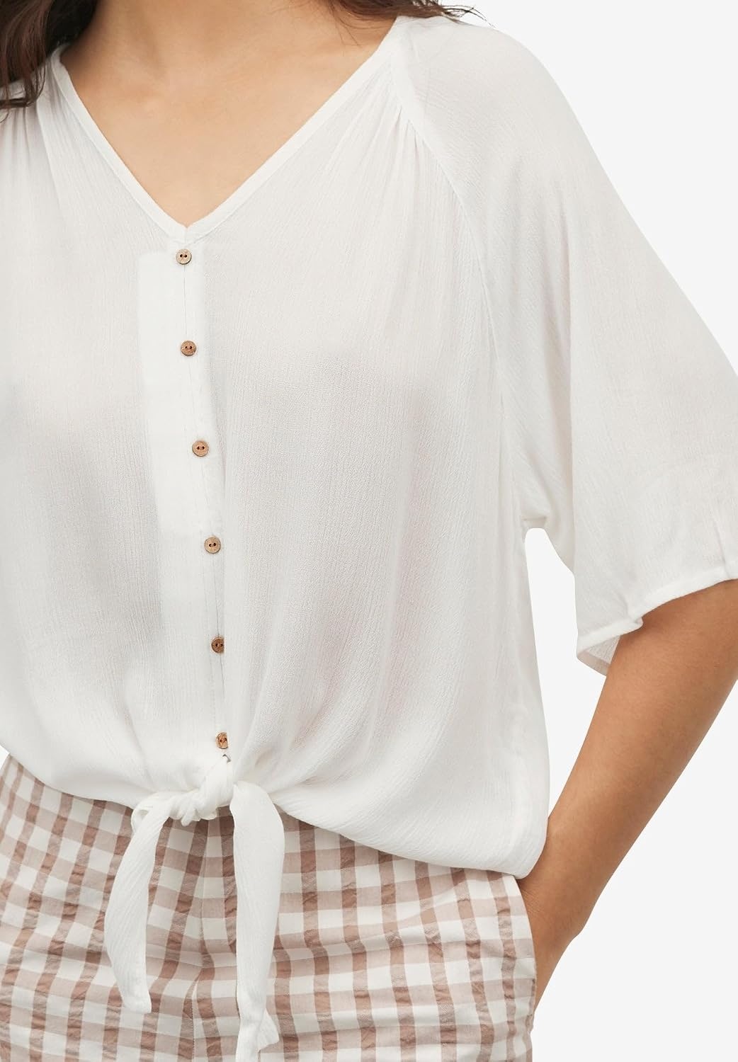 image:imageellos Plus Size VNeck Crinkle TieFront ElbowSleeve BlouseNavy