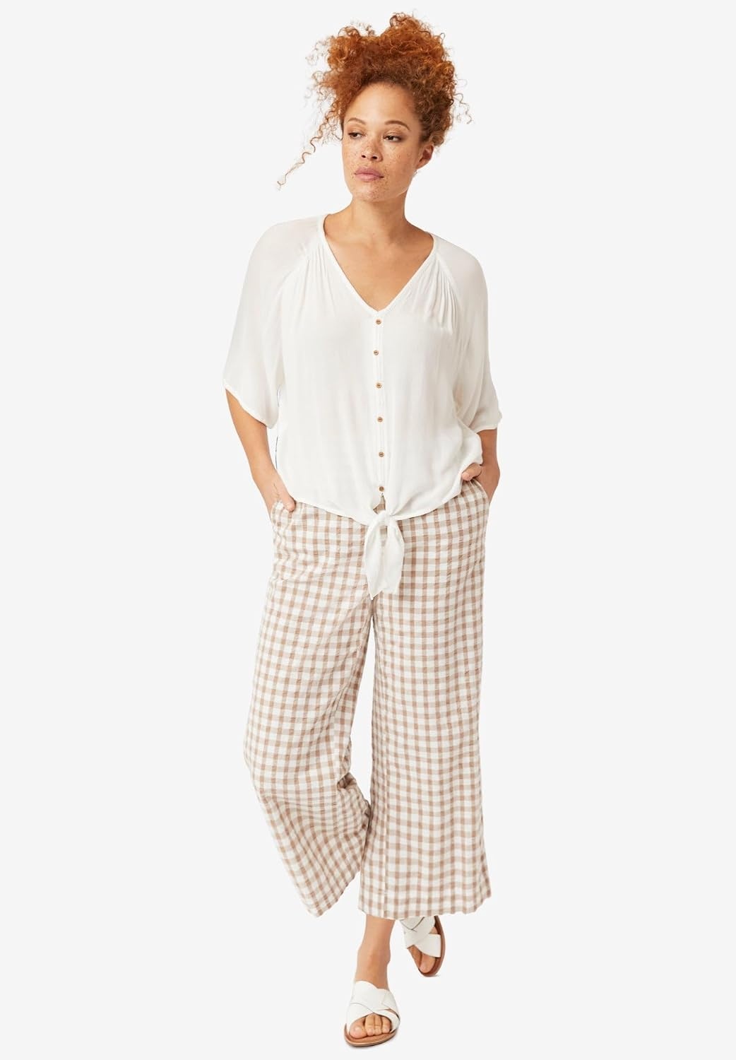 image:imageellos Plus Size VNeck Crinkle TieFront ElbowSleeve BlouseNavy