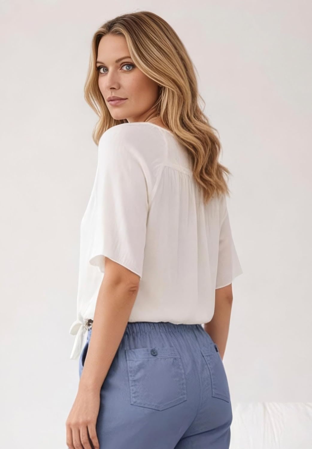 image:imageellos Plus Size VNeck Crinkle TieFront ElbowSleeve BlouseWhite