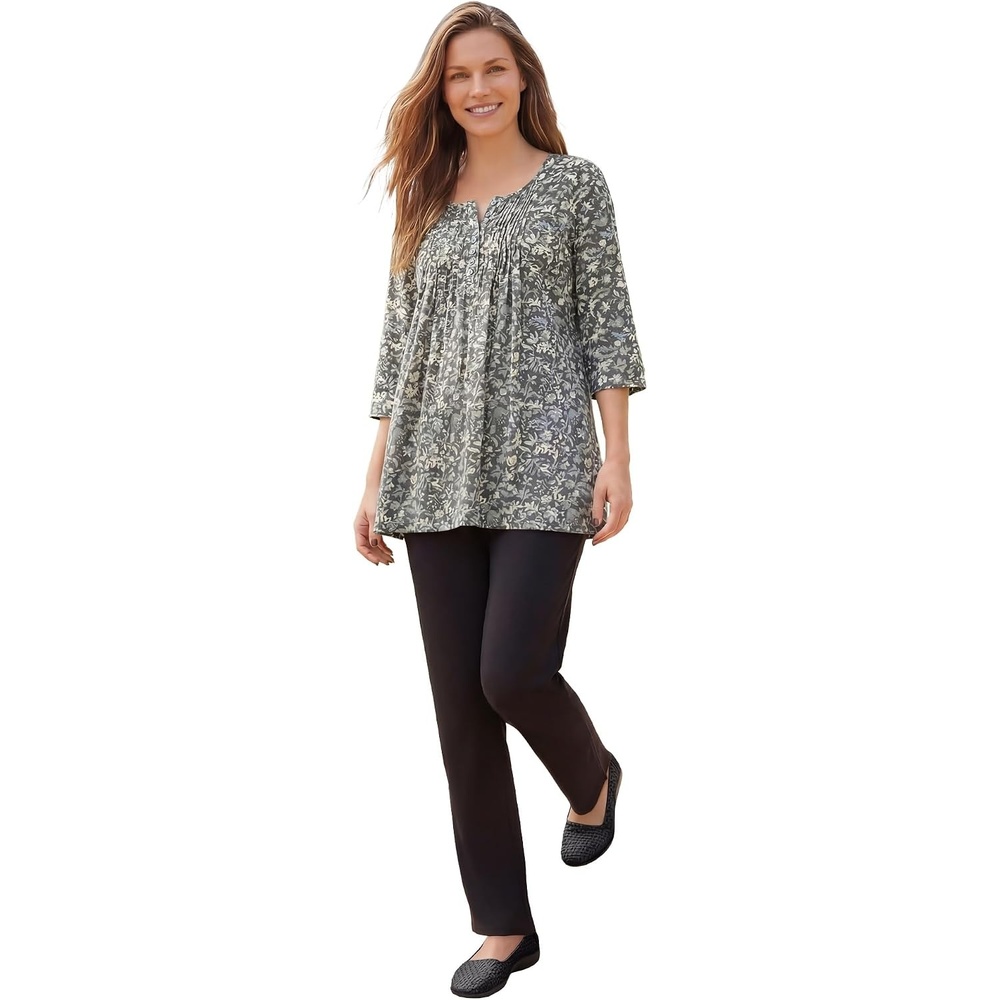 image:imageWoman Within Plus Size 7Day ThreeQuarter Sleeve Pintucked Henley TunicDark Charcoal Petals