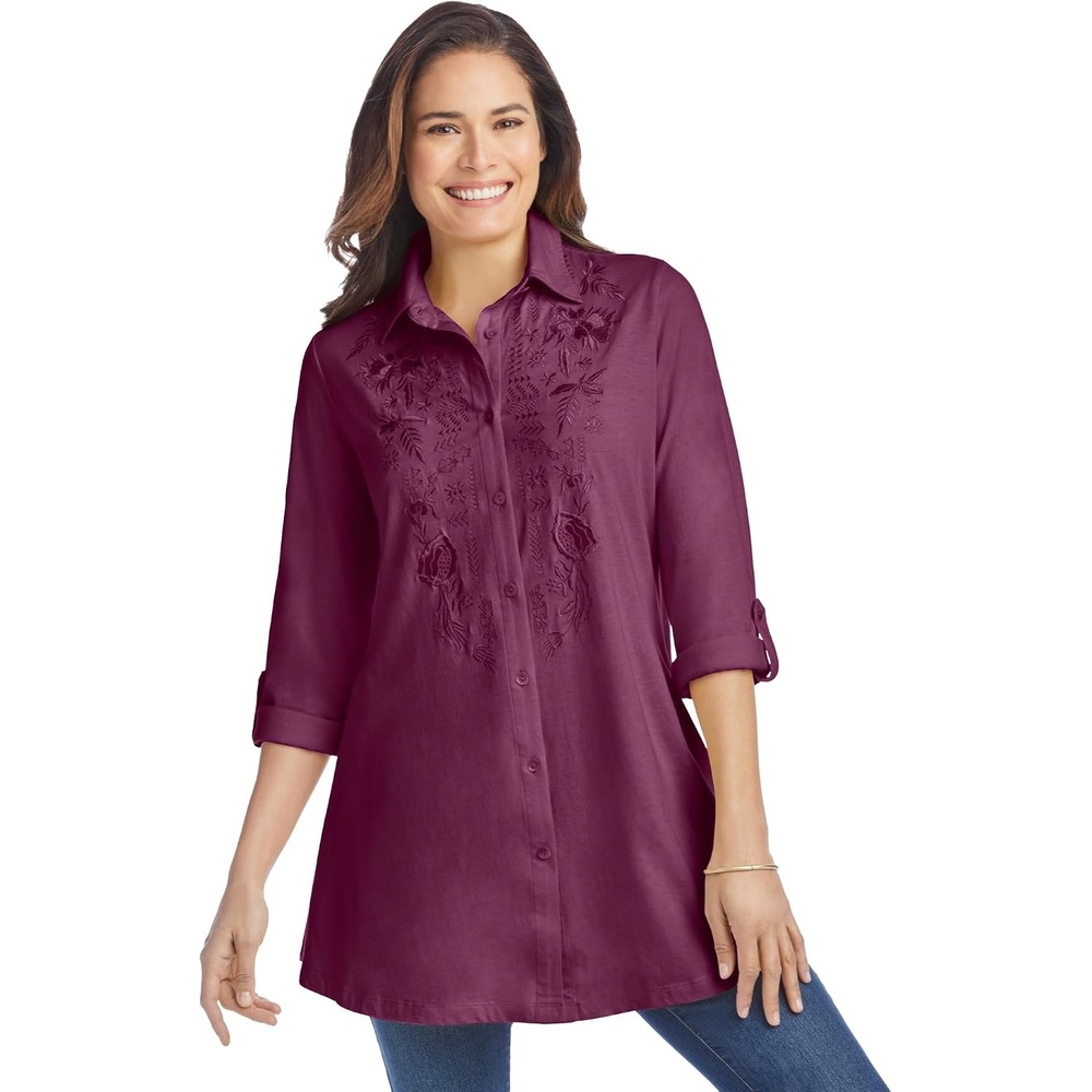 image:imageWoman Within Plus Size ButtonFront Embroidered TunicDeep Claret Embroidery