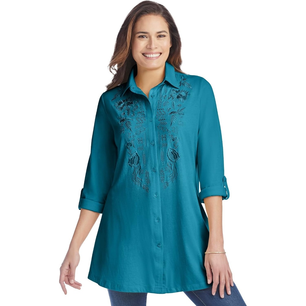 image:imageWoman Within Plus Size ButtonFront Embroidered TunicDeep Teal Embroidery