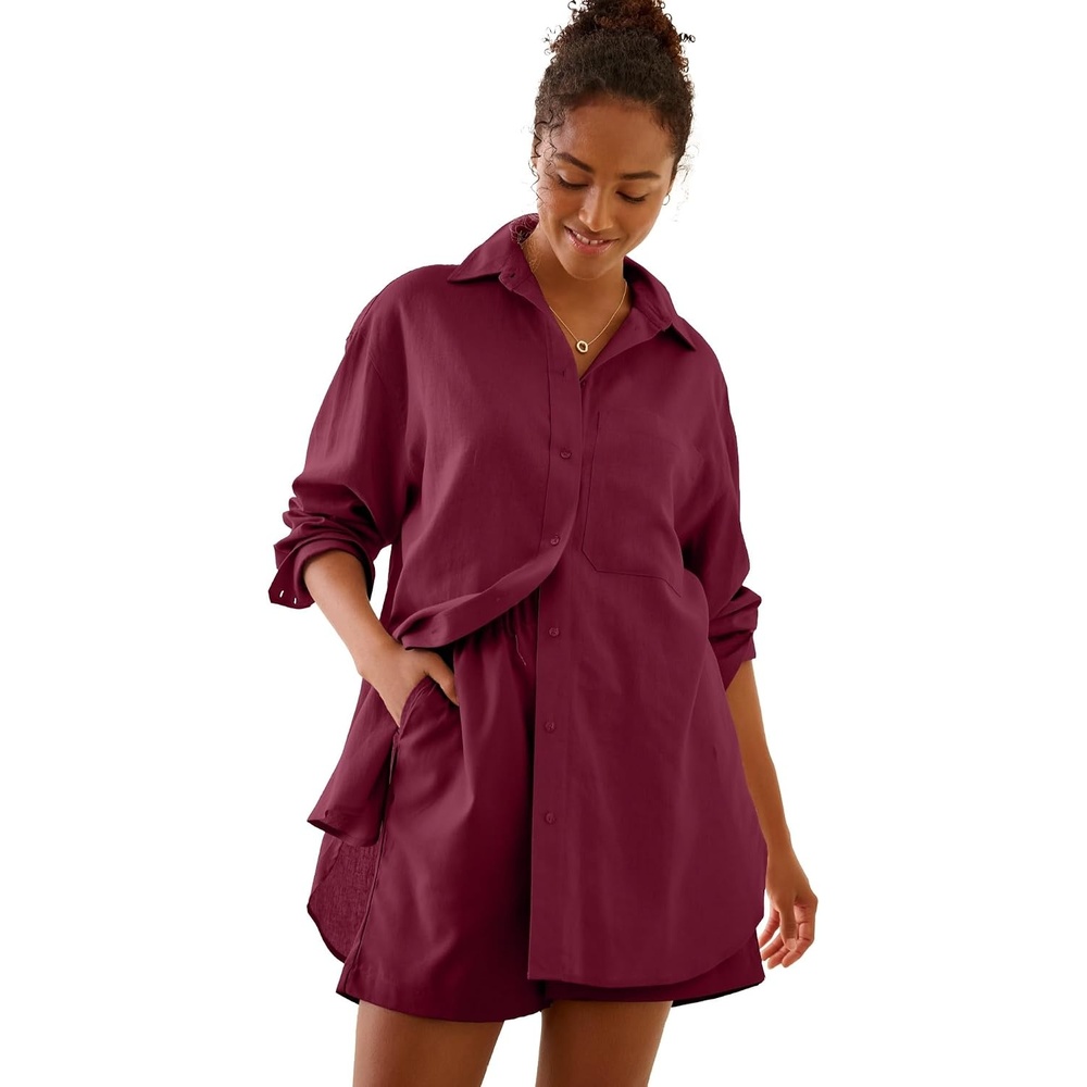 image:imageellos Plus Size Oversized LinenBlend Boyfriend ShirtMerlot