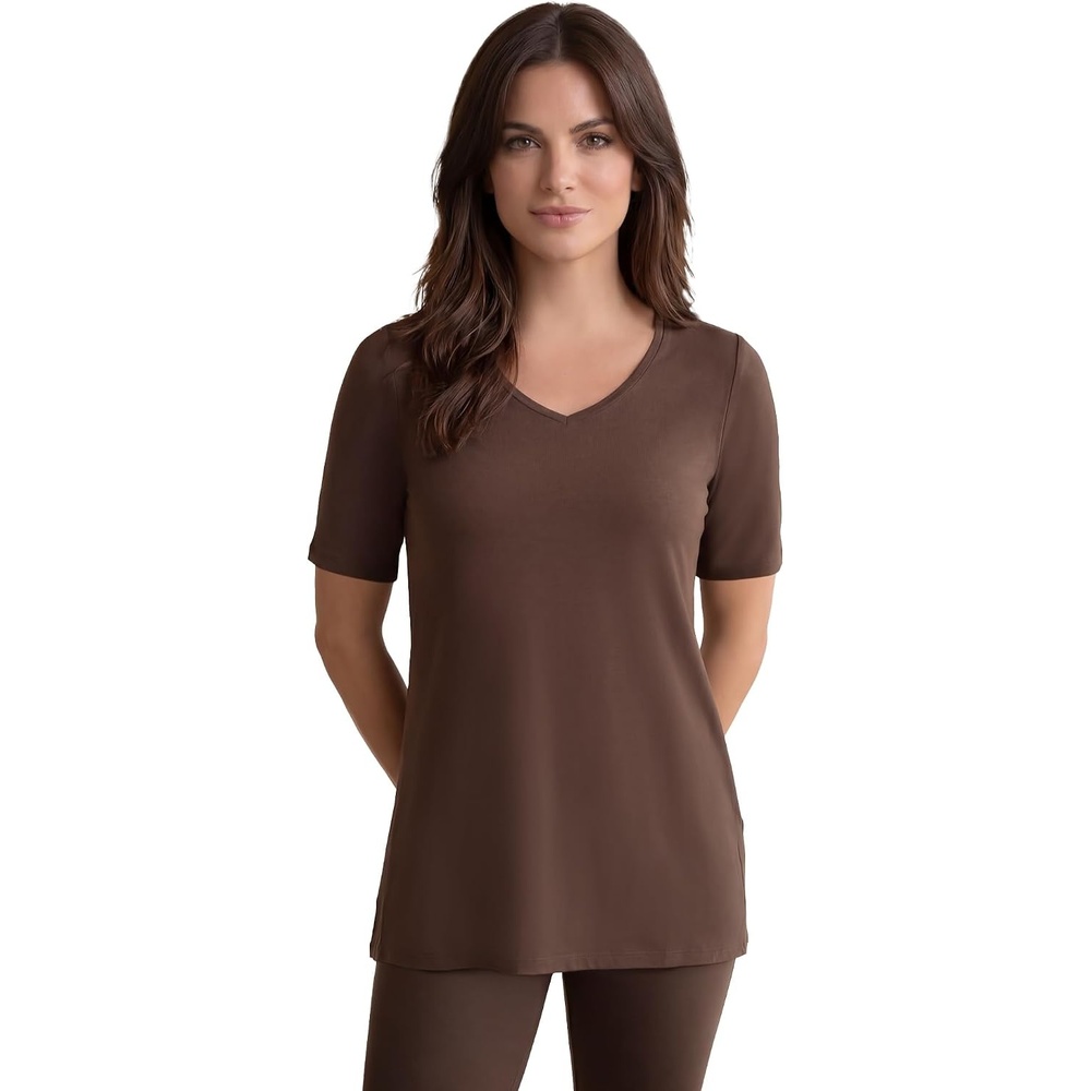 image:imageellos Plus Size Stretch Jersey Knit ALine Relaxed VNeck Short Sleeve TunicChocolate