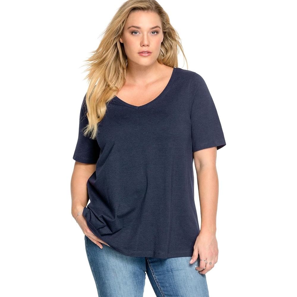 image:imageellos Plus Size Stretch Jersey Knit ALine Relaxed VNeck Short Sleeve TunicNavy