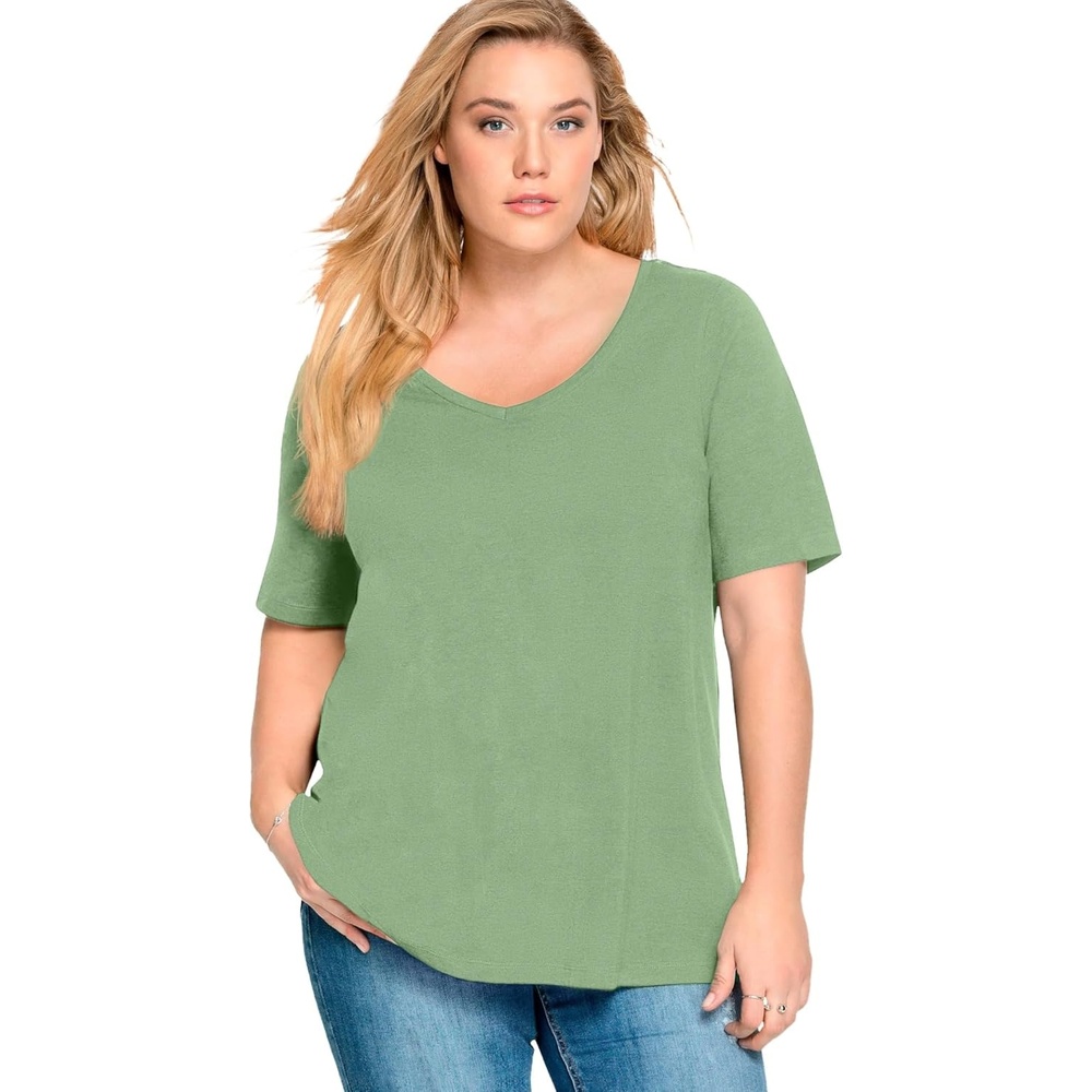 image:imageellos Plus Size Stretch Jersey Knit ALine Relaxed VNeck Short Sleeve TunicSage Mist