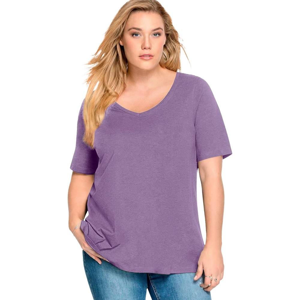 image:imageellos Plus Size Stretch Jersey Knit ALine Relaxed VNeck Short Sleeve TunicViolet Haze