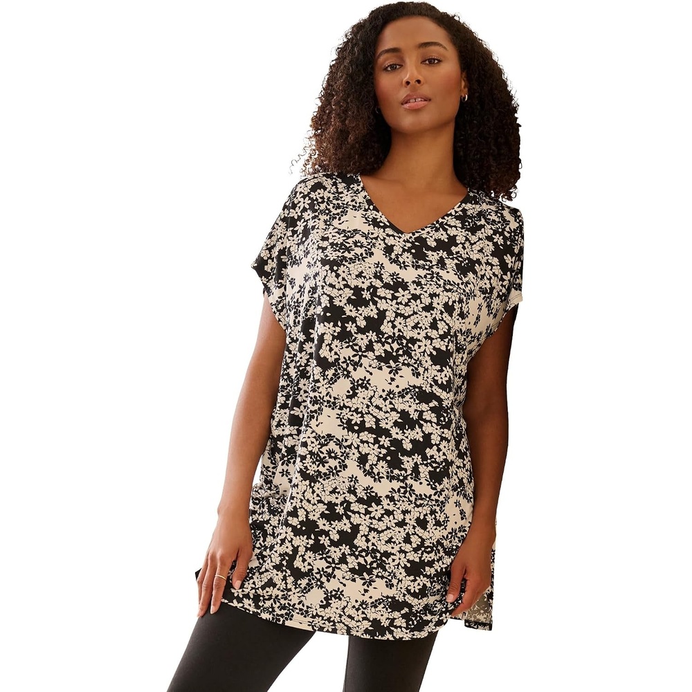image:imageellos Plus Size Stretch Jersey Knit VNeck Oversized TunicBlack White Patch Floral