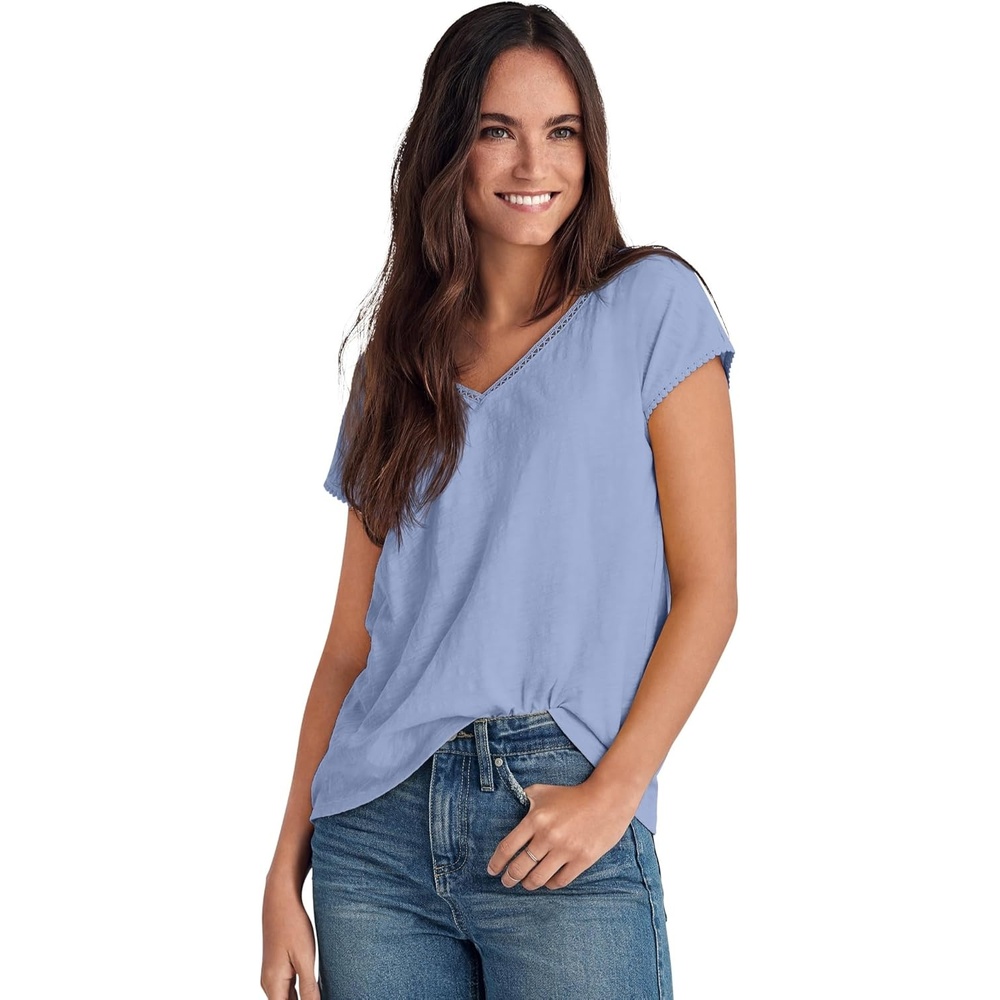 image:imageellos Plus Size VNeck ALine Crochet Trim TeePeriwinkle Mist