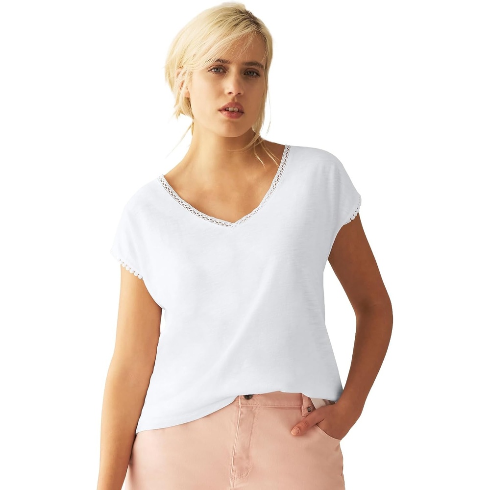 image:imageellos Plus Size VNeck ALine Crochet Trim TeeWhite
