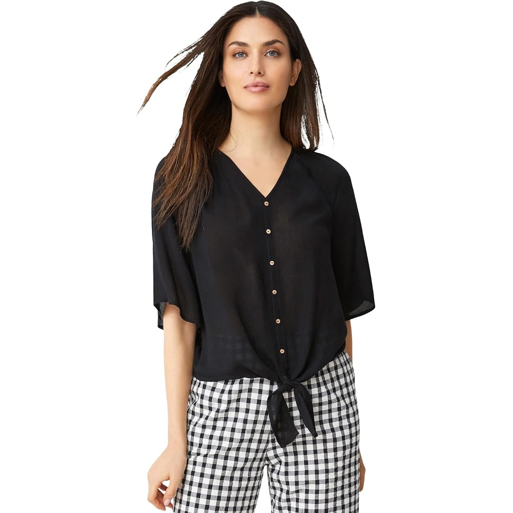 image:imageellos Plus Size VNeck Crinkle TieFront ElbowSleeve BlouseBlack