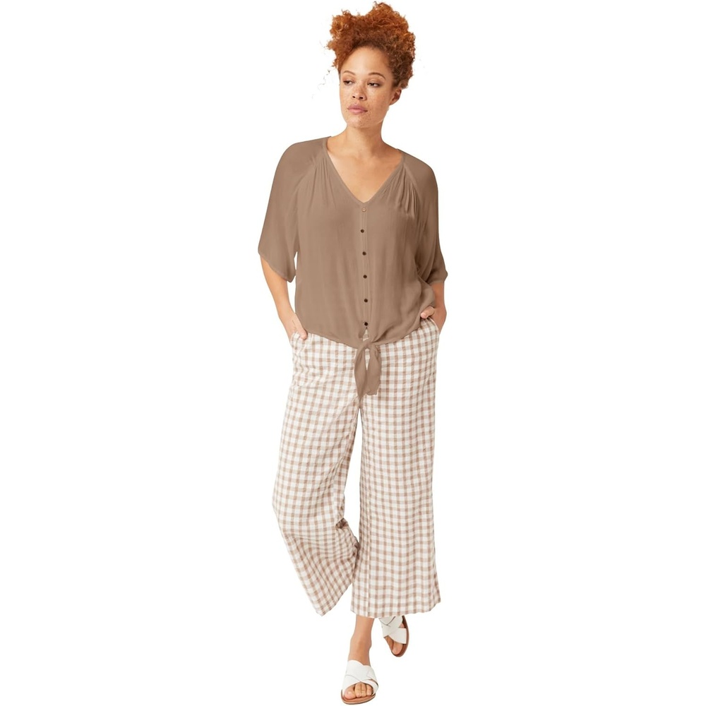 image:imageellos Plus Size VNeck Crinkle TieFront ElbowSleeve BlouseBrown Sugar