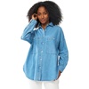 ellos Plus Size 100% Cotton Denim Oversized Button-Front Collared Shirt(Stonewash)