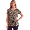 ellos Plus Size A-Line Scoop Neck Ruffle Trim 100% Cotton Cambric Peasant Blouse(Black Multi Floral)