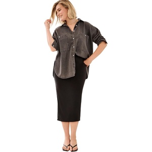 ellos Plus Size 100% Cotton Denim Oversized Button-Front Collared Shirt(Dark Grey Wash)