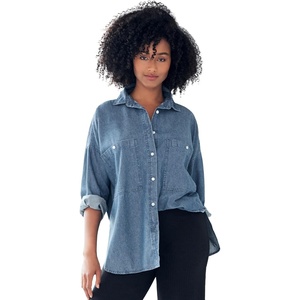 ellos Plus Size 100% Cotton Denim Oversized Button-Front Collared Shirt(Medium Stonewash)