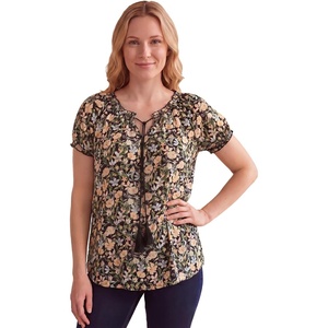 ellos Plus Size A-Line Scoop Neck Ruffle Trim 100% Cotton Cambric Peasant Blouse(Black Multi Floral)